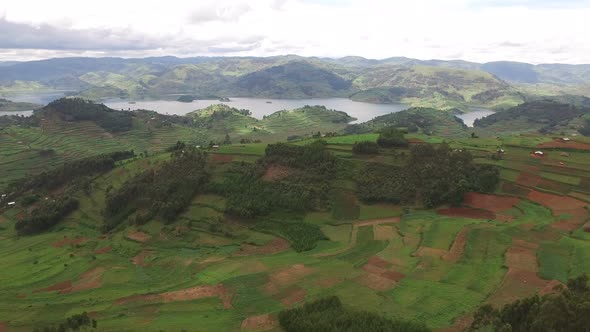 Aerial view of highlands and lake Bunyonyi 