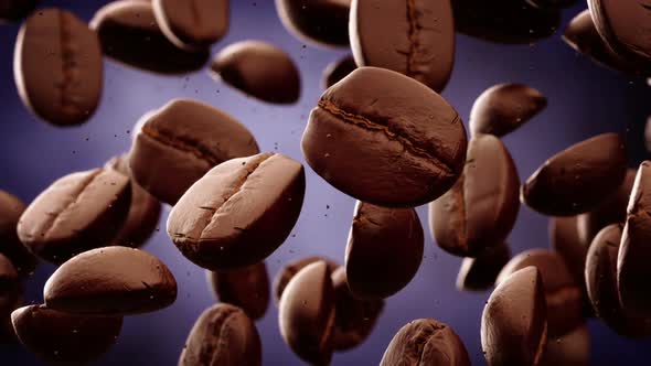 Slow motion animation of aromatic dark coffee beans falling down. Loopable. HD