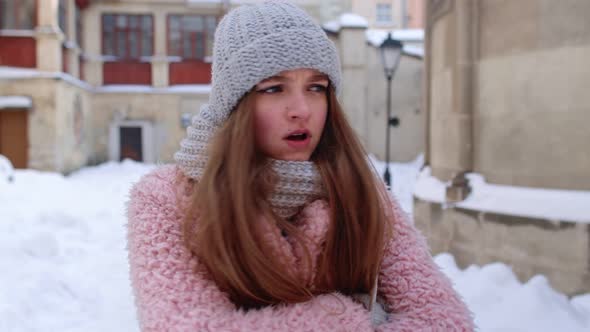 Woman Tourist Showing Negative Emotions Hate Rage Upset Stress While Standing Outdoor in Winter