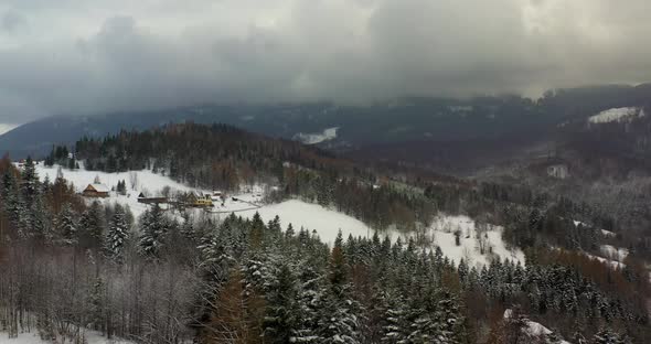 Forest Covered with Snow Aerial View. Aerial View of Village in Mountains