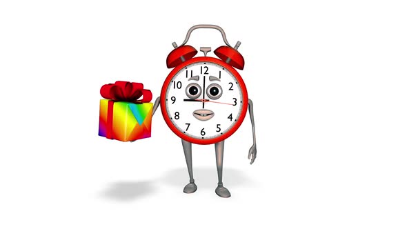 Cartoon Alarm Clock Shows Gift Loop On White Background