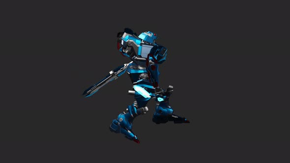 The robot acts in an idle style and wields a double sword