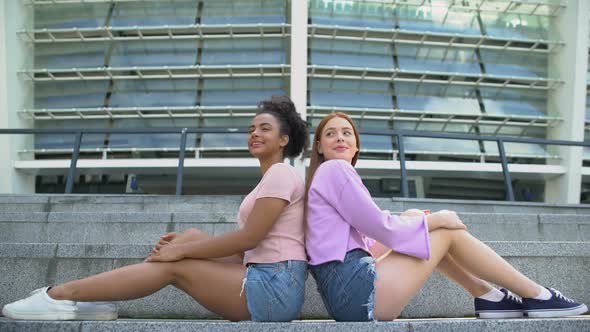 Smiling Teen Girls Sitting Back at Academy Stairs, Posing for Photo, Beauty