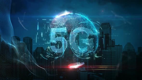 5G 3D Text over Blue City Background Globe  alt