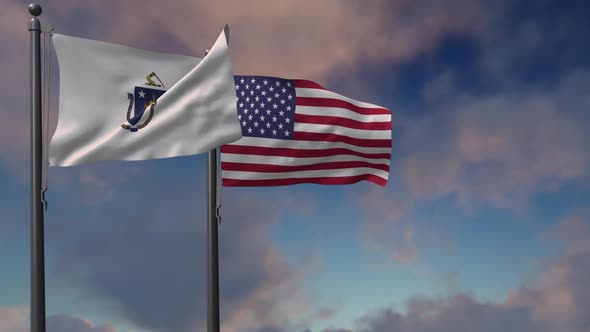 Massachusetts State Flag Waving Along With The National Flag Of The Usa   2 K