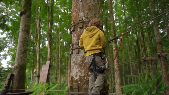 Superslowmotion Shot of a Little Boy in a Safety Harness Climbs on a Route in Treetops in a Forest