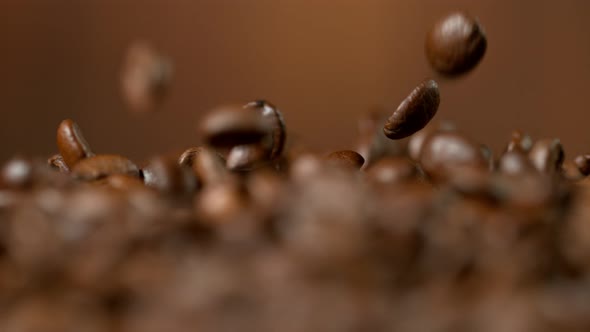 Roasted Coffee Beans Falling Down in Super Slow Motion