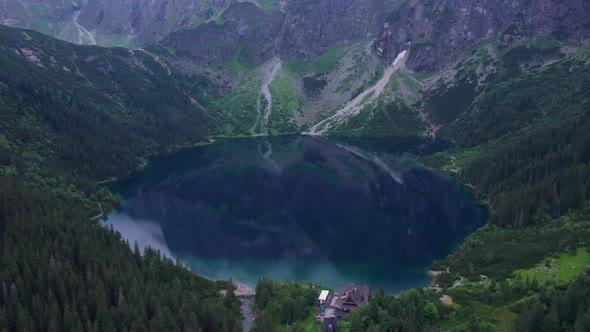 view of the blue mountain lake from a quadcopter morskie oko landmark of poland tatras buried europe