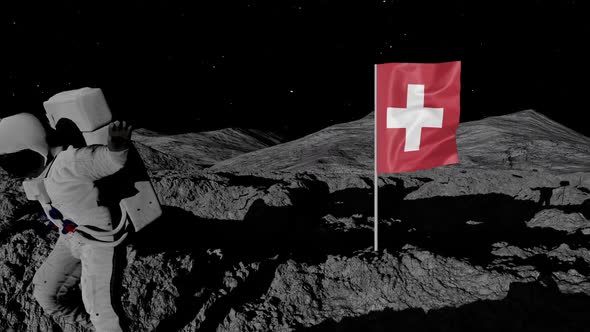 Astronaut Planting Switzerland Flag on the Moon