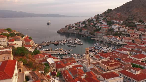 Marina on Hydra Island in Greece Aerial Video