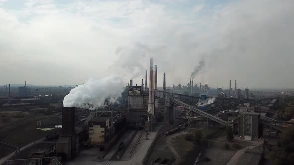 Aerial view of the working metallurgical plant. Production of iron and steel.