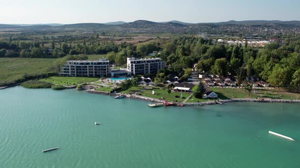 Aerial View of Lake Balaton in Hungary Coast of Balatonfured Sunny Day