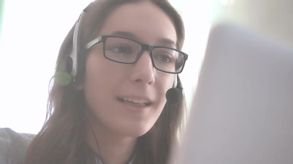 Closeup Girl Call Center Operator Sells Services