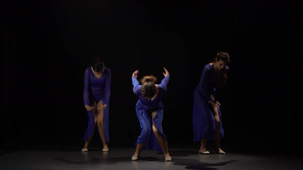 Three Graceful Adult Ballerinas Are Dancing Elements of Modern Ballet.