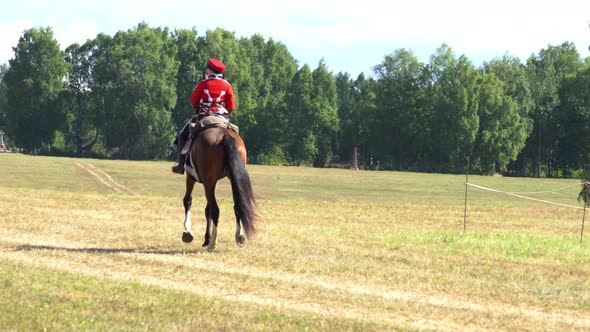 A cavalryman on a horse gallops across the field