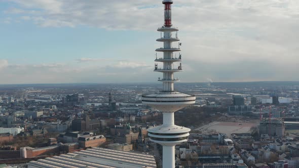 Close Up Aerial View of Observation Deck on Top of Heinrich Hertz TV Tower Rising Above Hamburg