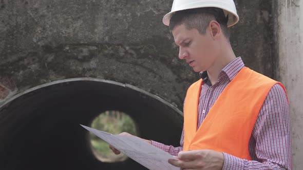 A civil engineer checked the progress of the reconstruction of an underground pipe.