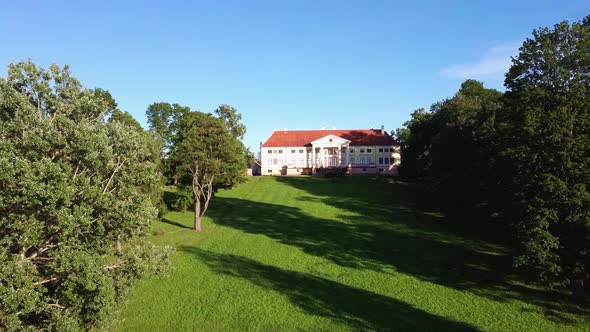 Aerial View of the  Durbe Manor Castle, Tukums, Latvia. Old Mansion of Former Russian Empire. 