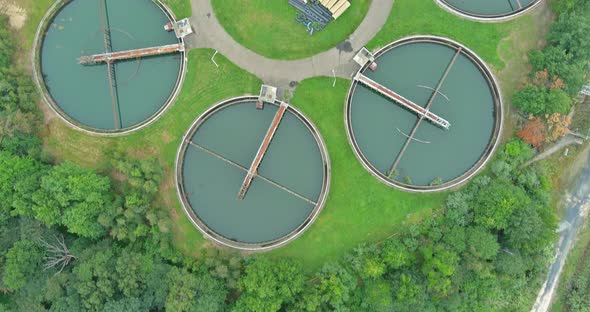 Aerial Panoramic View of Water Treatment Facilities Sewage Treatment Plantwith Round Sedimentation