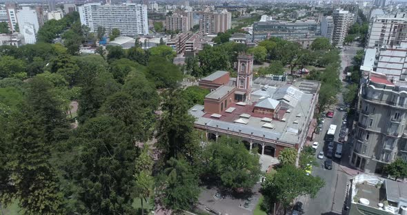 Aerial Drone Scene of National Museum. Traveling in. Trees, Buildings and Park. City Landscape. Buen