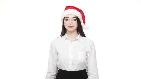 Slow Motion Happy Young Business Woman Giving Parcel Christmas Box To Camera.