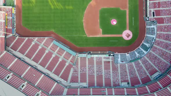 MLB Baseball Field Stadium Empty with no People - Aerial Drone Overhead Flyover