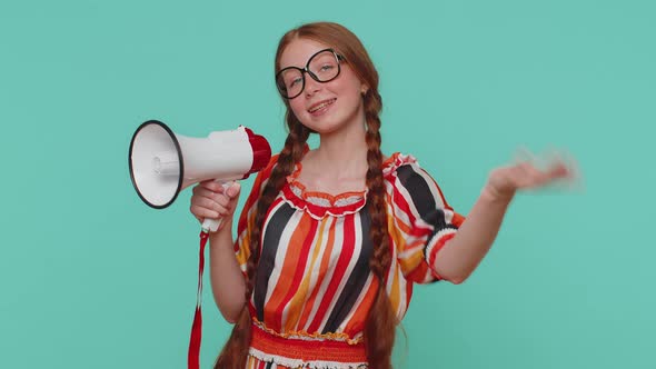 Smiling Ginger Girl Talking with Megaphone Proclaiming News Loudly Announcing Sale Advertisement