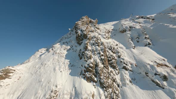 Herd Mountain Chamois Running Along Slope on Snowy Mountain Aerial View in Sunny Day