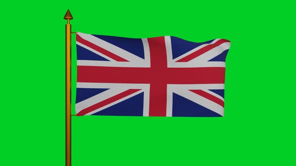 National flag of United Kingdom waving with flagpole on chroma key, United Kingdom of Great Britain