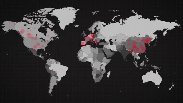 Animation of the world map and countries turning red through circles in a dark background