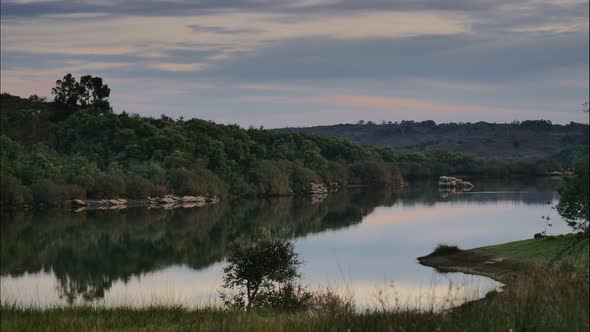 Evening Lake Landscape in Portugal. Timelapse