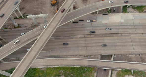 Aerial of cars on 610 and 59 South freeway in Houston, Texas