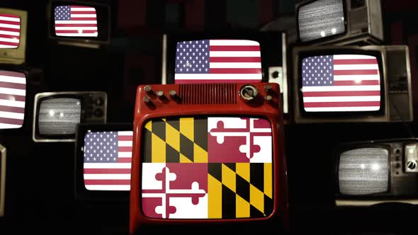 Flag of Maryland and US Flags on Retro TVs.