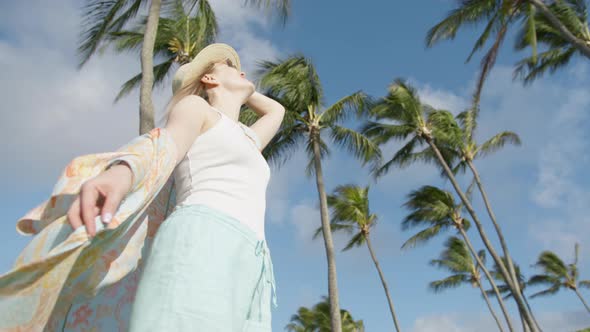 Portrait Smiling Woman Walking By Tropical Hawaii Island Resort Garden Outdoor