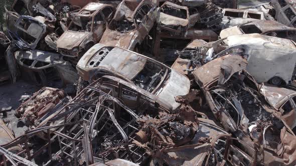 War in Ukraine a Dump of Shot and Burned Cars in Irpin