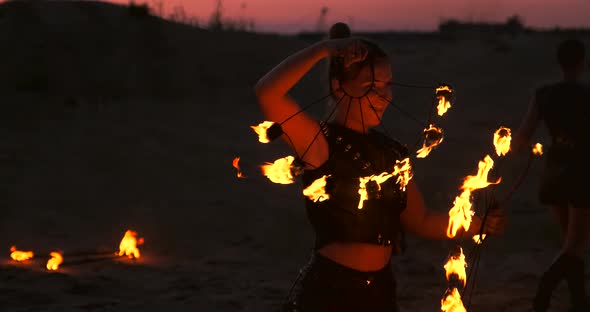 Fire Show Artist Breathe Fire in the Dark at Abandon Building Slow Motion