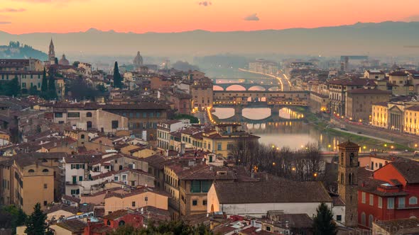 Sunset View of Florence, Italy. Time Lapse of Evening Florence Old Town with City Lights. Zoom Out