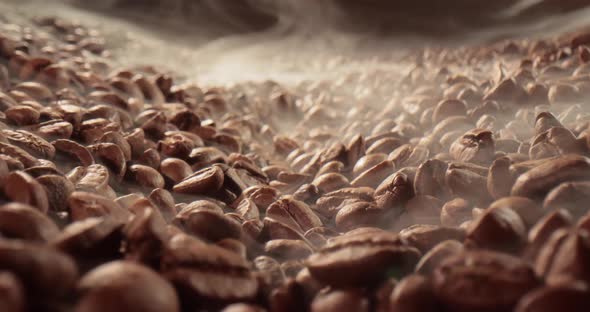 Close Up of Seeds of Coffee. Fragrant Coffee Beans Are Roasted Smoke Comes From Coffee Beans