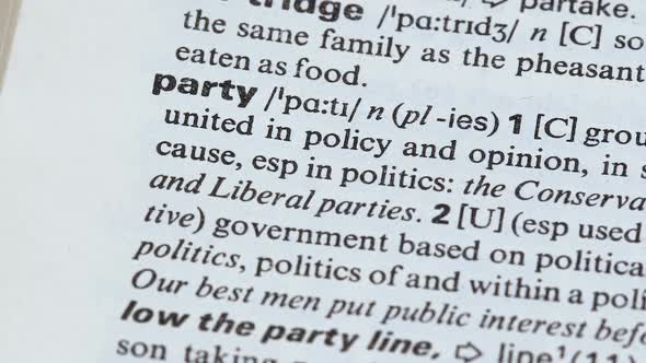 Party Word Definition on Vocabulary Page, Political Group United in Opinion