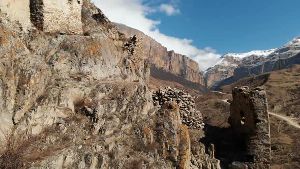 The Ruins of Ancient Towers on a Rock in the Mountains of Upper Balkaria. Aerial View of the Gorge