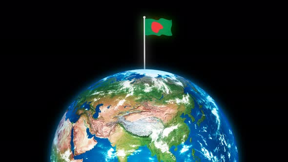 Bangladesh Flag Flying On Glowing 3d Planet Earth