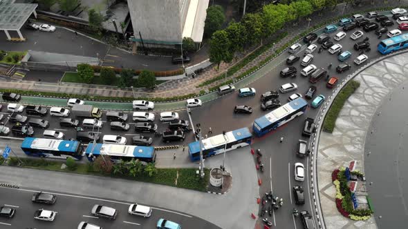 Aerial view of traffic jam in Jakarta city, indonesia