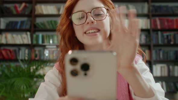 Confident Female Office Student Conference Video Calling Looking at Phone