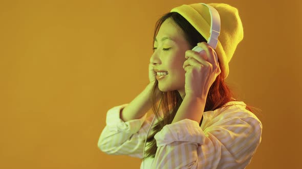 Headphones Music Audio Gadget Woman Yellow Neon