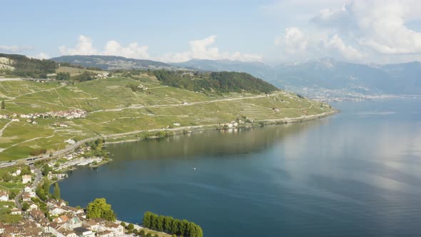 Flying high above Cully and Lake Léman.Lavaux vineyard in the background - SwitzerlandSummer color