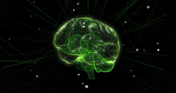 Spinning brain against network of connections on black background alt