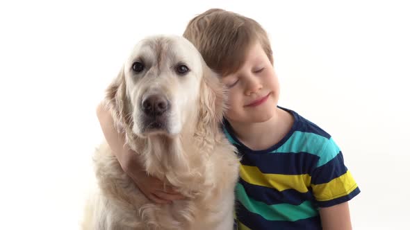 Care and Love for Pets. Little Boy in the Studio on a White Background Posing with a Golden