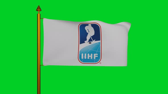 International Ice Hockey Federation flag waving with flagpole on chroma key, IIHF flag, ice hockey