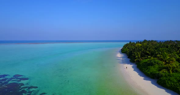 Daytime flying copy space shot of a sandy white paradise beach and blue sea background in best quali