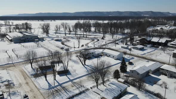 Aerial view of Mississippi River on a cold bright Wisconsin day in winter.